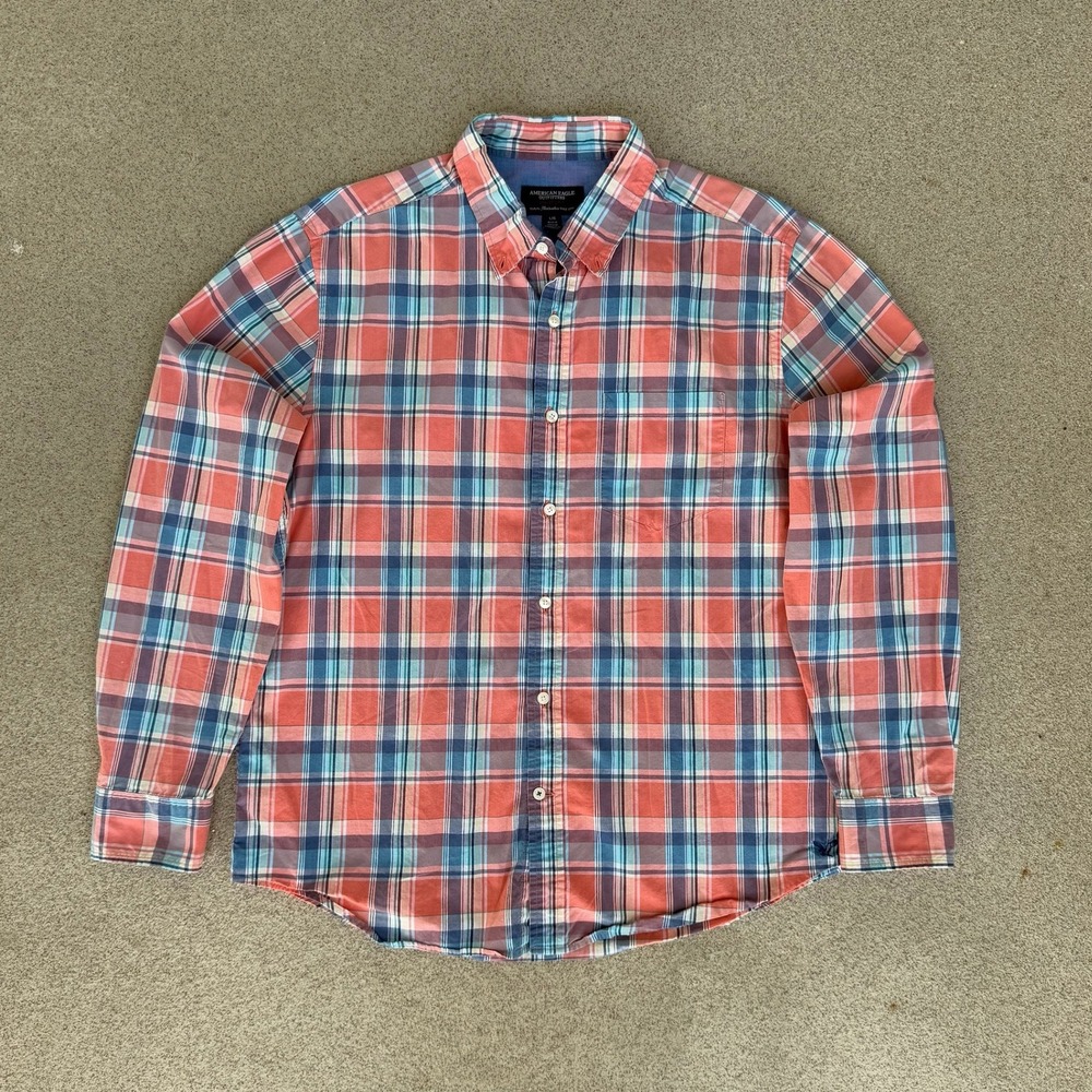 American Eagle Athletic Fit Mens Large Shirt - Coral Blue Plaid Button Down